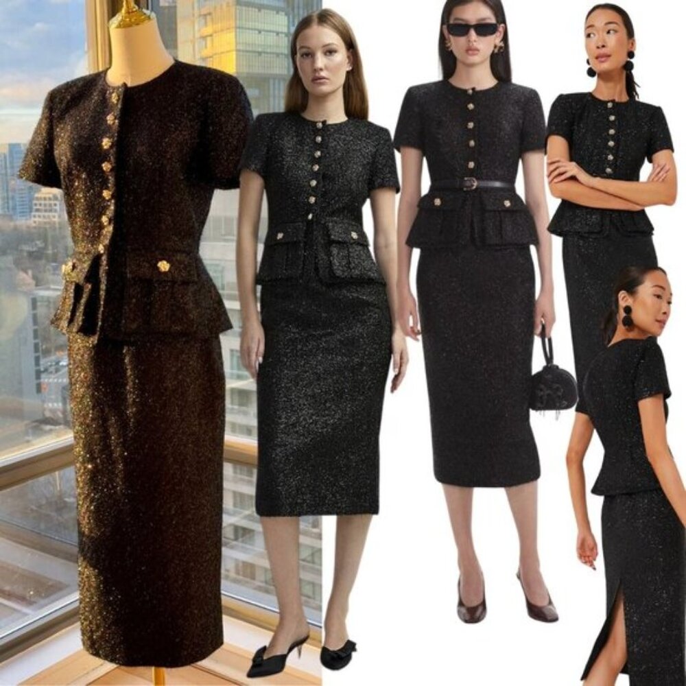 🆕 SELF-PORTRAIT 🧿 NWOT Black Tinsel Boucle Tailored Midi Dress, Sz UK 10 US 6